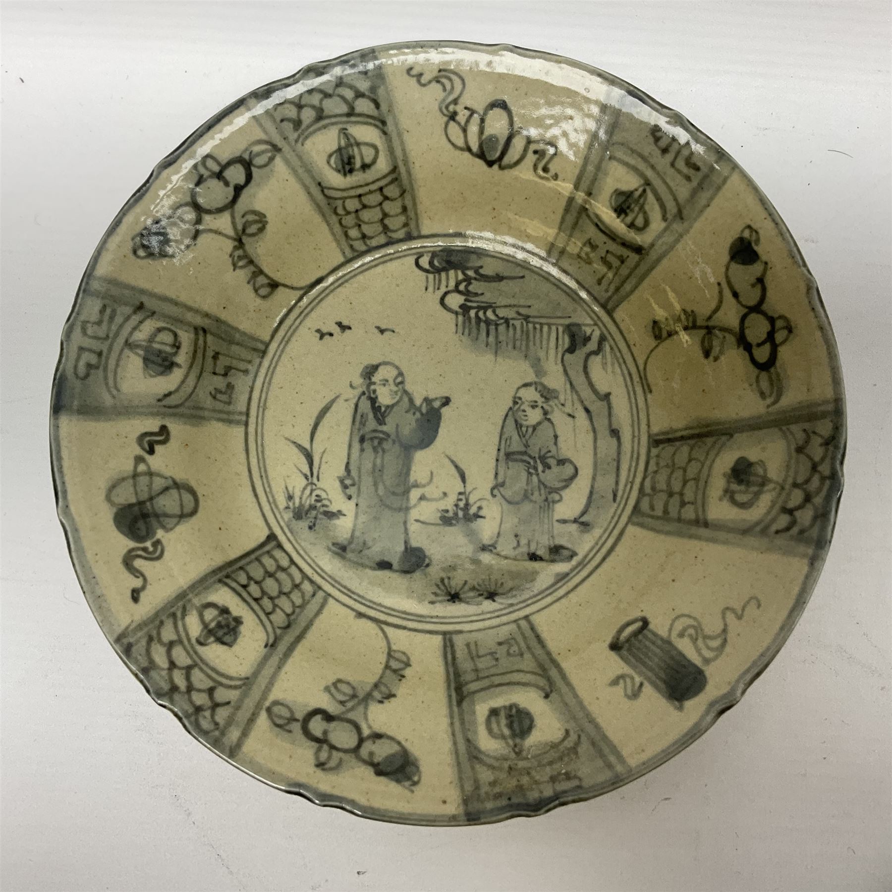Chinese Ge-type crackle glazed vase and matching dish, together with Ming style plate with figures to the centre, vase H17cm