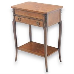 20th century French kingswood inlaid worktable, hinged top with divided compartment, above a single frieze drawer with brass pulls, gilt mounted tapered supports united by and undertier