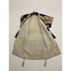 1930s Japanese fully lined kimono decorated with Japanese naval vessels and bi-planes, Japanese, American and British flags and dated 1935; looks to be child's size