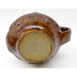  Martin Brothers shaving mug, with Toad like body covered in brown glaze with nodules and incised vertical lines, incised signature to base with ETA monogram, H8cm x W14cm   