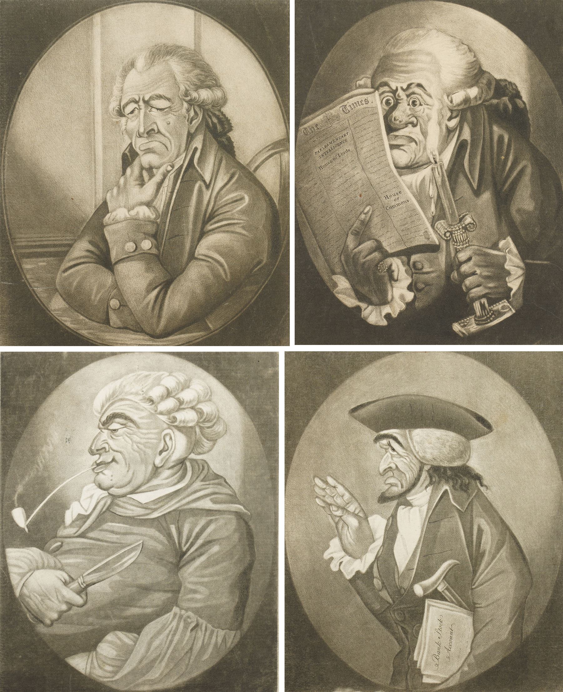 After Robert Dighton (British 1752–1814): 'I Vont Take a Farden Less', 'A Lame Duck', 'A Sour Dog', 'What a Glorious Speech!', and 'Devilish Cold', set of five late 18th/early 19th century satirical mezzotint engravings, published by Bowles and Carver, c.1796–1801, max 24cm x 15cm (5) (unframed)