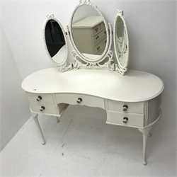 French style kidney shaped white painted dressing table, raised triple mirror back, one long and four short drawers, cabriole legs, W133cm, H133cm, D52cm