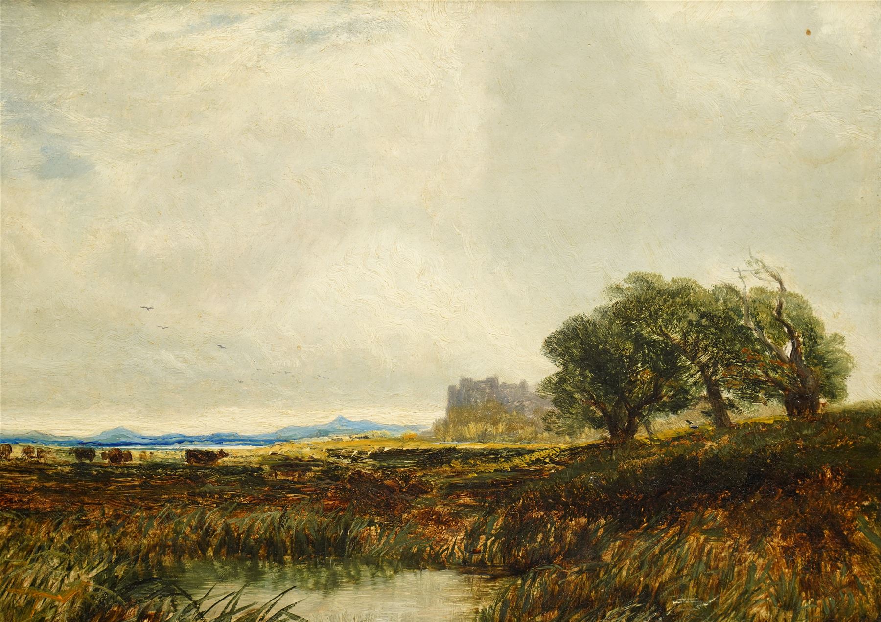 Edwin Alfred Pettit (British 1840-1912): Cumbrian Landscape with Cattle and Castle, oil on board signed and dated 1870, 24cm x 34cm