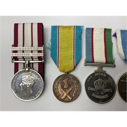 1949 Yangtze Incident HMS Consort casualty Naval General Service Medal with two clasps for Yangtze 1949 and Malaya awarded to D/SSX. 788562 J. Tootell A.B.R.N.; with four other medals comprising Republic of Korea War Service Medal, Eastern Service Medal, unofficial British and Commonwealth Occupation Forces Association Occupation of Japan medal and IFKVWA 40th Anniversary Medal; together with an archive of contemporary and later related items including Certificate of Service 1946-54, Recommendations for Advancement and Conduct Record Sheet 1946-53, Quartermasters History Sheet 1949-53, Destroyer Association China Station 1945-53 beret, later manuscript journal with his own account of the Yangtze incident etc, Joe's birth certificate details dated 1968, reprinted half-length portrait in uniform, Manual of Seamanship 1937, modern shield and framed crests, blazer badges and metal badges and a copy of Loyal & Steadfast - The Story of HMS Consort 2008, which gives details of how Joe Tootell received his wounds, the extract reads ' When Consort came under fire a short time later it was a strange, perhaps unreal experience for many of the crew who had never seen action before. Ordinary Seaman Joe Tootell was in the wheelhouse. 'I could not see the action. We could hear the ship taking severe punishment. When the wheelhouse took a direct hit, killing the coxwain, Chief Petty Officer Gurney, and myself receiving multiple shrapnel wounds, the steering mechanism was put out of action.'