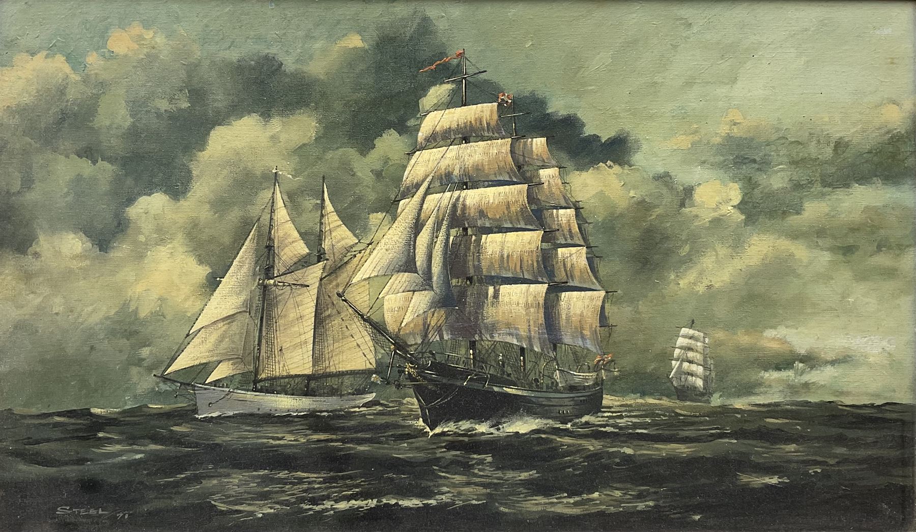 Roger Steel (British Mid-20th century): '1956 Tall Ships Race' - the Swedish 2-masted gaff schooner 'Gladen' and the Danish fully rigged 'George Stage II', oil on board signed and dated '71, labelled verso 30cm x 50cm