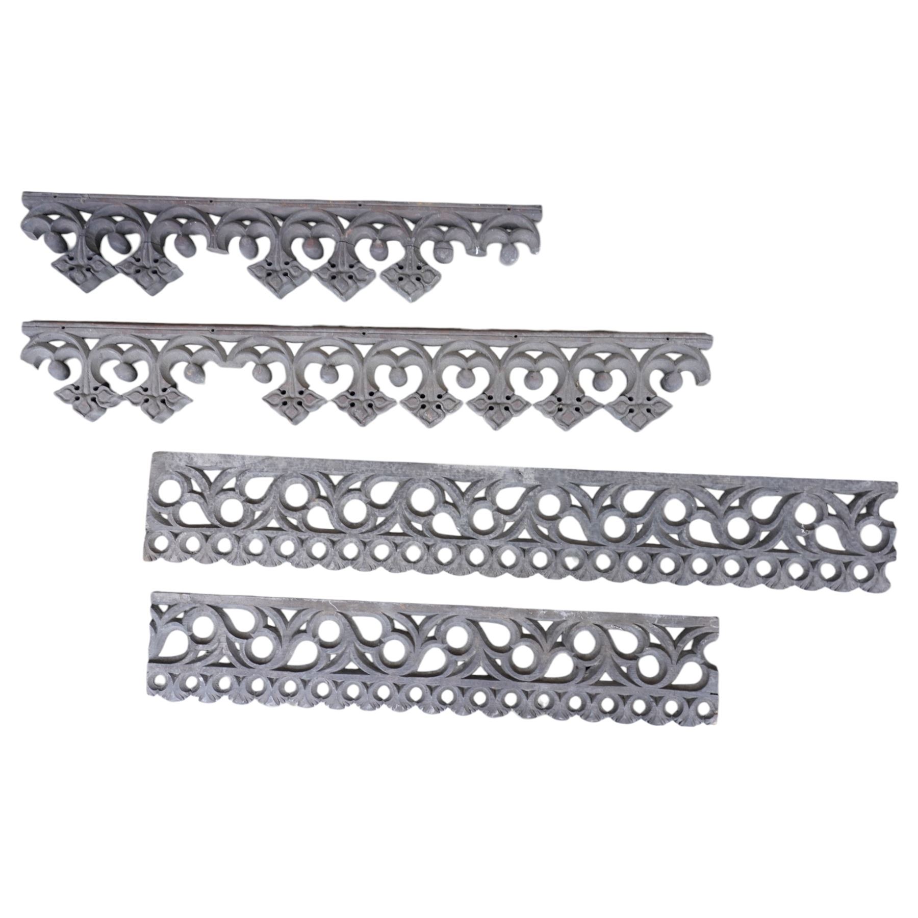 Architectural Salvage - Quantity of oak architectural feaatures including set of six carved communion rail supports, pierced and carved decorative panels, lead mounted pelmet etc
Note: Removed in the 19th century from the church in the grounds of a private Yorkshire estate 
Provenance: property of a Nobleman