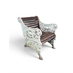 Pair of unusual Victorian revival heavy cast iron garden chair benches, ornate scrollwork detail with squirrels and nature, serpentine wood slatted seat and back - design by George Smith at the Sun Foundry, Glasgow