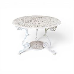 Victorian design cast aluminium circular garden table and four armchairs, ornate grape design in antique white paint