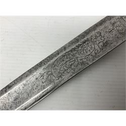 Late 18th century sword, the Spanish 79.5cm curving fullered blade engraved with the Royal Cypher, battle trophies and 'Viva Espania' banner, French Sabre de Mineur brass three-bar hilt with ebonised reeded grip L93.5cm overall (no scabbard)