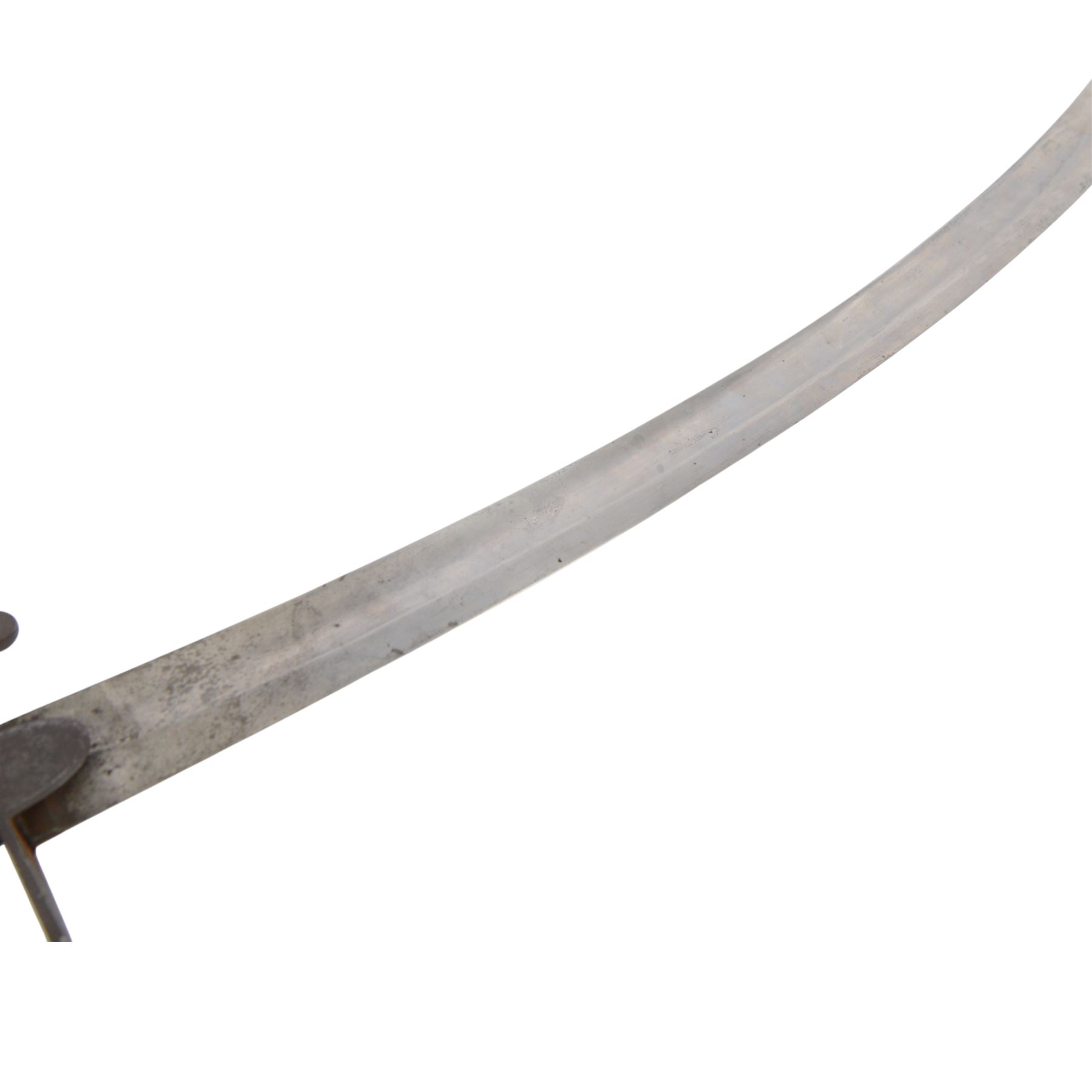 British Georgian 1796 pattern light calvary officers' scabre, the 83cm curved single stamped F Deakin, the stirrup steel hilt with shield langets, within steel scabbard sampled Woolley with twin suspension rings, overall L97cm