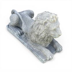 Pair of large cast stone recumbent garden male lions, modelled with flowing manes and raised heads with closed jaws, on rectangular plinth bases
