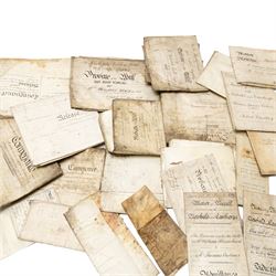Yorkshire manorial interest - collection of 18th and 19th century vellum and paper court copyhold, admittance, surrender and lease documents relating to the Manor of Dunnington and Dunnington Hall, the Manor of Riccall with Newbald and Cawthorpe, and the Manor of North Duffield with the Members, together with similar documents for Warthorpe Hall, Allerthorpe Hall, Murton and surrounding areas, many retaining original seals, in one box