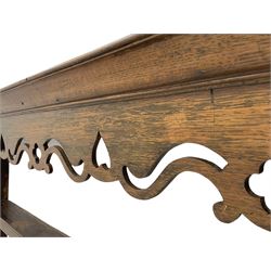 Georgian oak plate rack, three tiers, fretwork frieze
