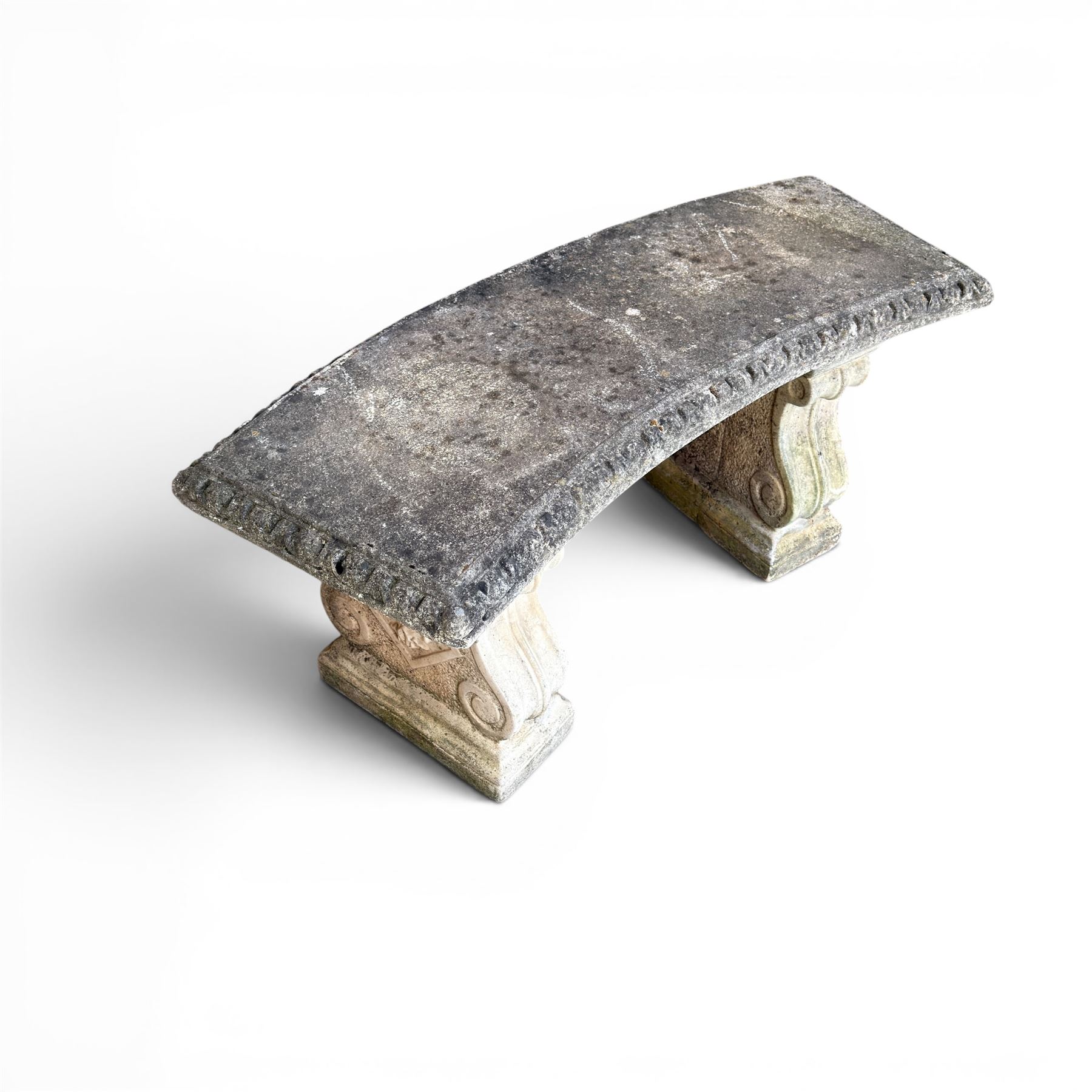 Cast stone three piece garden bench, curved form with detailed top