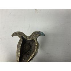 Gothic style cast brass door knocker, modelled with the Greek three-headed hell hound Cerberus on Rococo style base with central knocker of tear drop above Hades, God of the underworld, L29cm