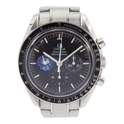 Omega Speedmaster Professional “Eyes on the Stars” Silver Snoopy Award stainless steel limited edition manual wind wristwatch, Ref. 3578.51.00, Cal. 1861, serial No. 77118140, on original stainless steel bracelet, with fold-over clasp, boxed with papers, warranty card dated 2003 and additional bracelet link