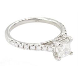 18ct white gold single stone cushion cut diamond ring, with diamond set shoulders, hallmarked, principal diamond approx 1.00 carat