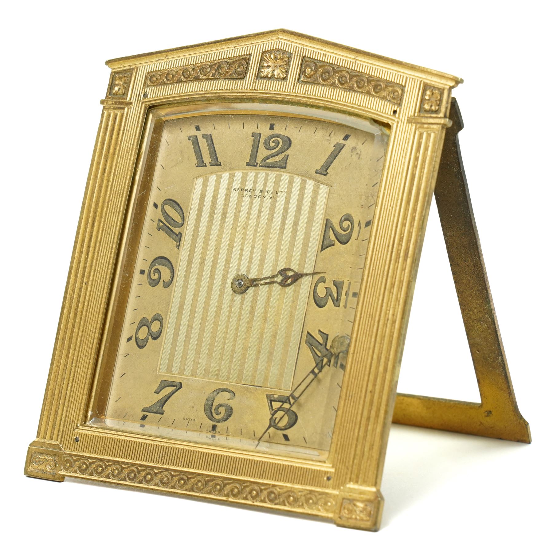 Concord & Co - Early 20th century Swiss travelling clock retailed by Asprey & Co, London in neo classical gilt metal case and outer leather travelling case No.2175694, clock size 9cm x 8cm
