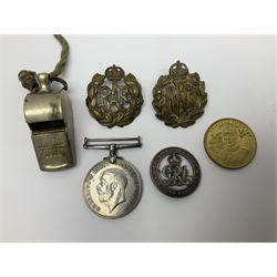 WWI J. Hudson & Co. Birmingham trench whistle dated 1916; WWI British War Medal awarded to 117363 Gnr. N.L. Wright R.A.; Services Rendered badge No.111643; RAF & RFC cap badges etc