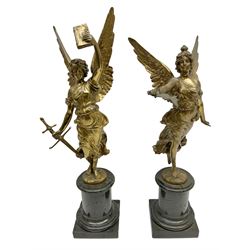 After Oswald Schimmelpfennig (German, 1872-1939): Pair of gilt bronze winged Allegorical female figures, the first example with arm outstretched holding a branch, signed 'Schimmelpfennig 1900', the second with arm raised above her head holding a book and sword in the other, both raised upon marble plinths, H45cm