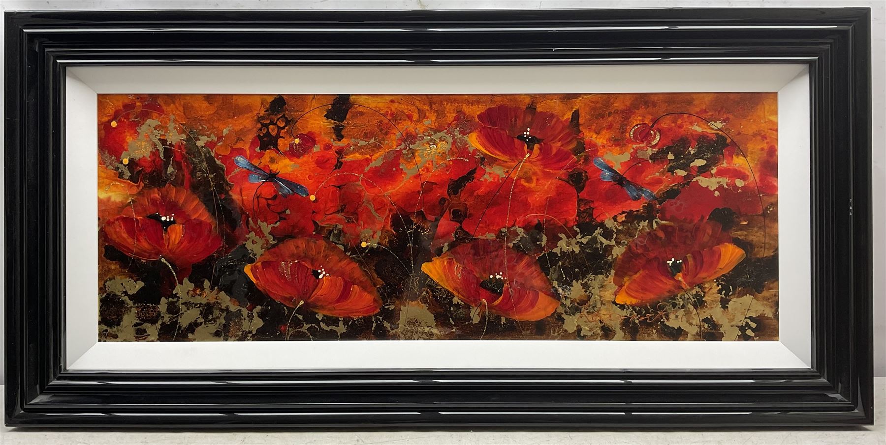 Rozanne Bell (Zimbabwean 1962-): Field of Poppies, mixed media with acrylic and resin on board signed 37cm x 100cm 