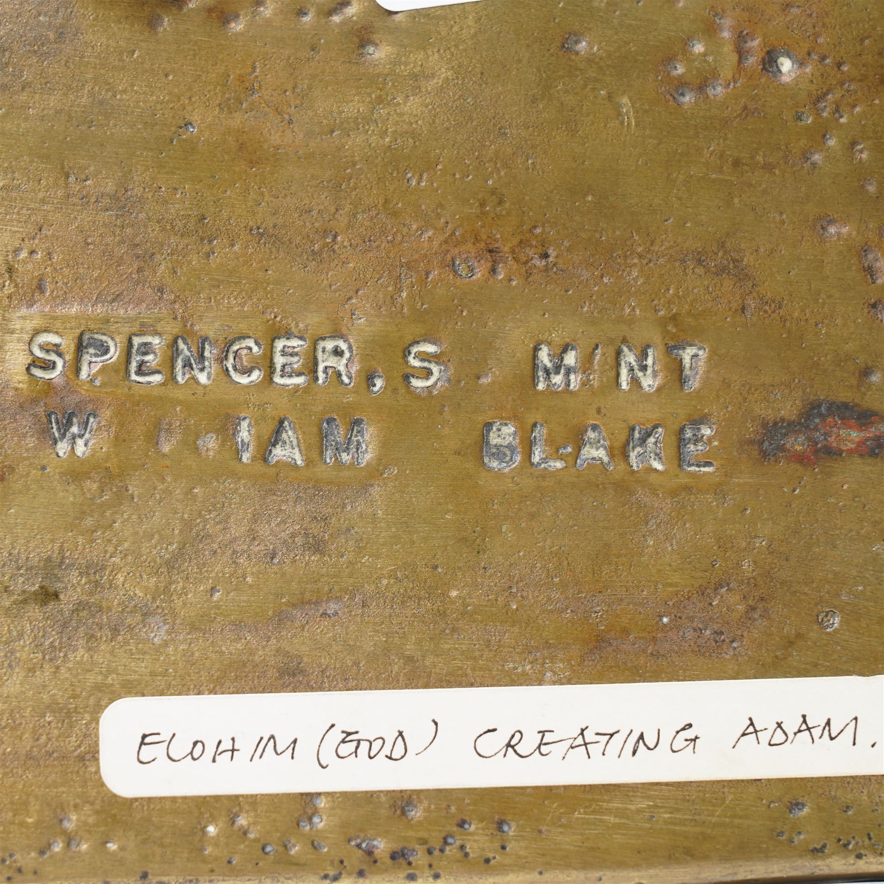 After William Blake - Bronze plaque 'Elohim creating Adam' the reverse marked 'Spencer. S Mint' and 'William Blake' 13.5cm x 19cm