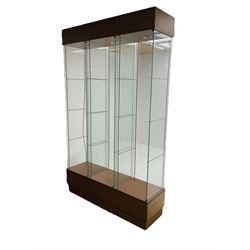 Light oak and glass open triple display cabinet, glazed back and sides with three divisions, light fitting to top of each section