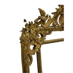 19th century giltwood and gesso pier mirror, shell cartouche pediment decorated with flower heads and scrolling foliage, two bird motifs to each side, egg and dart moulded frame with beaded inner slip, plain mirror plate, each corner mounted by scrolled acanthus leaves and cartouches