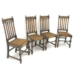 Set four 1920's birch barley twist dining chairs, upholstered drop in seat, turned supports, W46cm