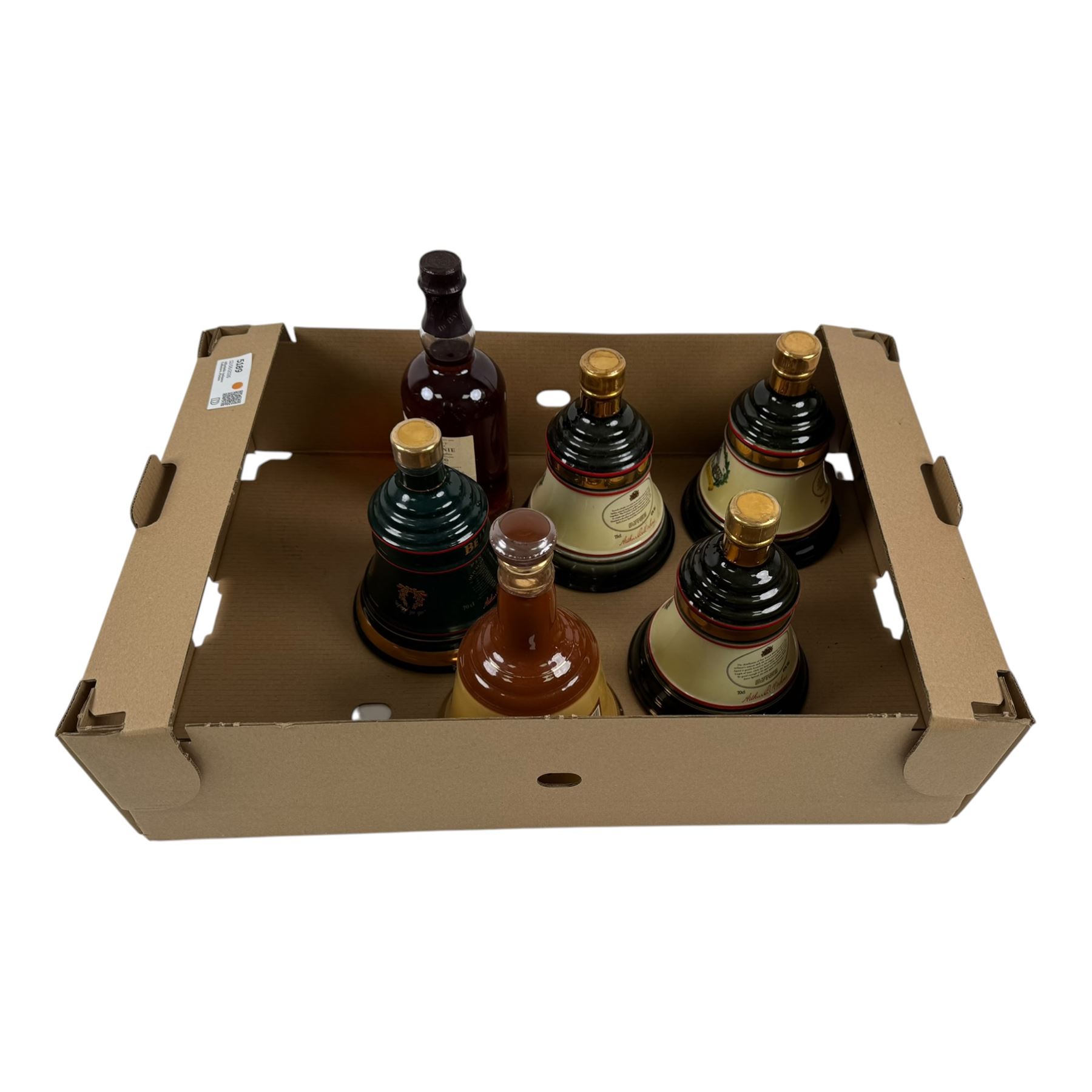 The Balvenie 12 year old DoubleWood single malt Scotch whisky, together with five Bell's Blended Scotch Whisky in Wade decanters, various contents and proof 
