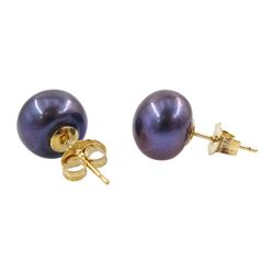 Pair of 9ct gold grey / purple pearl stud earrings, stamped 375
