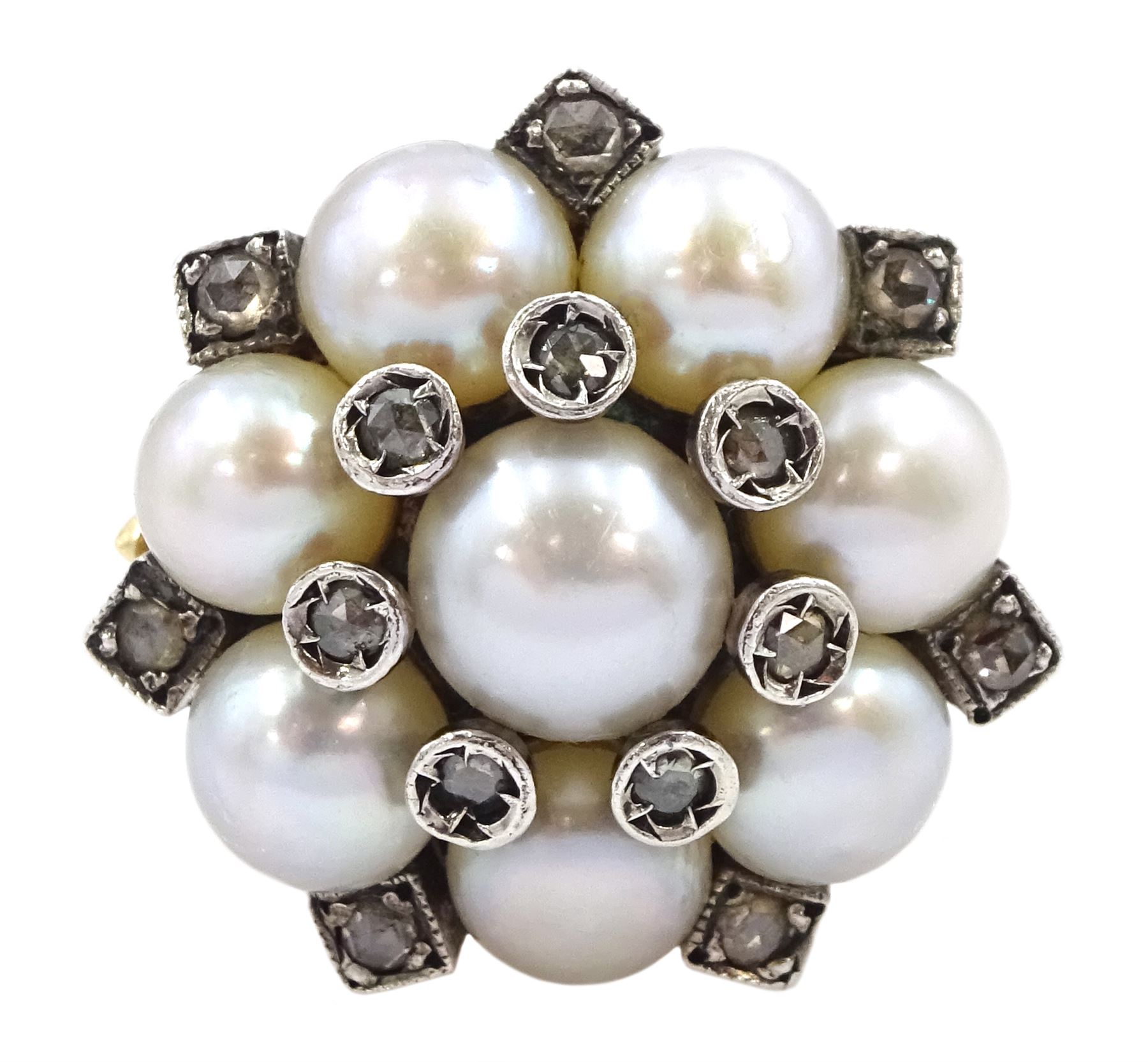 Gold and silver cultured white pearl and rose cut diamond flower head cluster ring, stamped 585