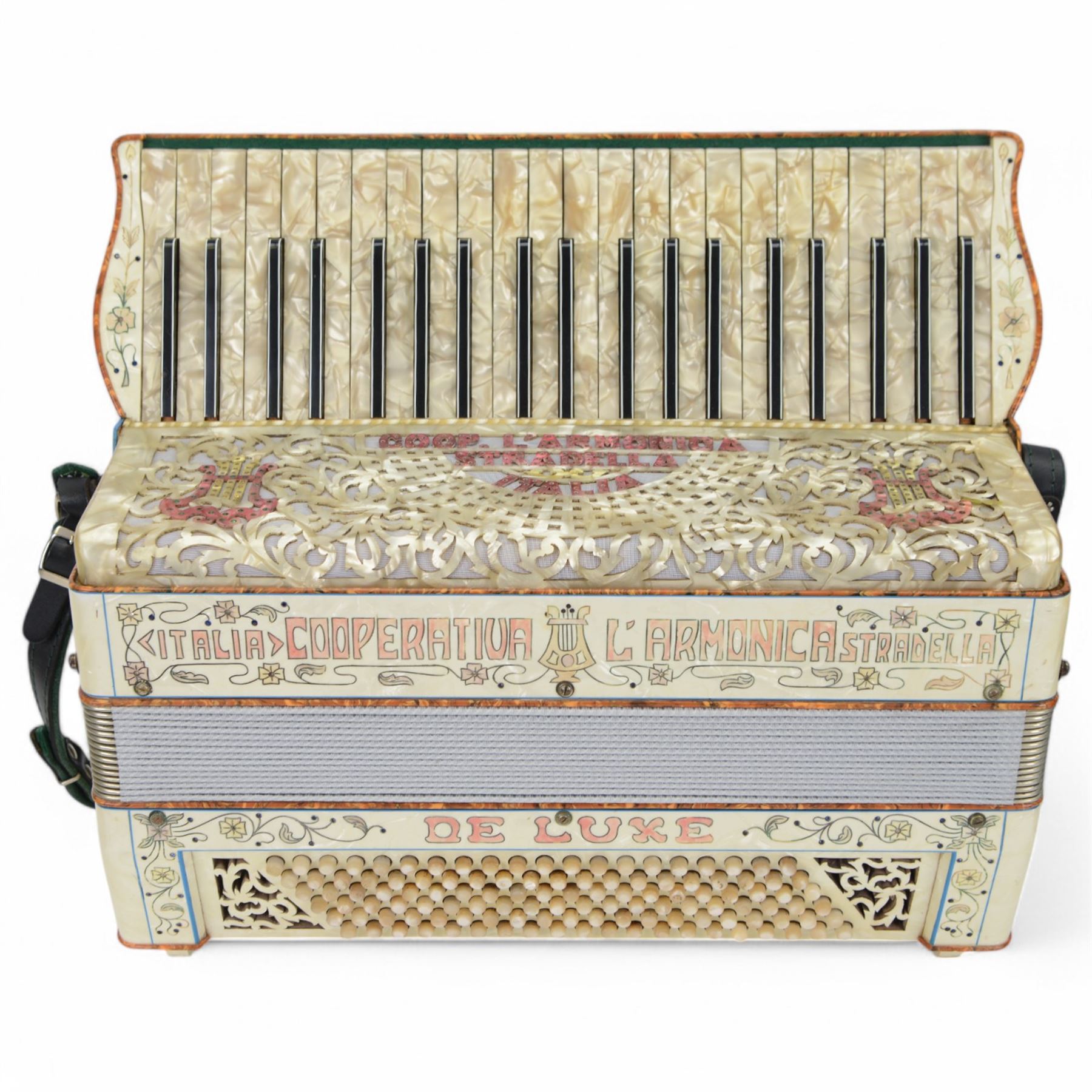 Two mid 20th century Italian accordions- manufactured by Frontalini and Cooperatiua both with a three octave keyboard compass and 120 bass buttons, with fretted sound grills and shoulder straps. 
