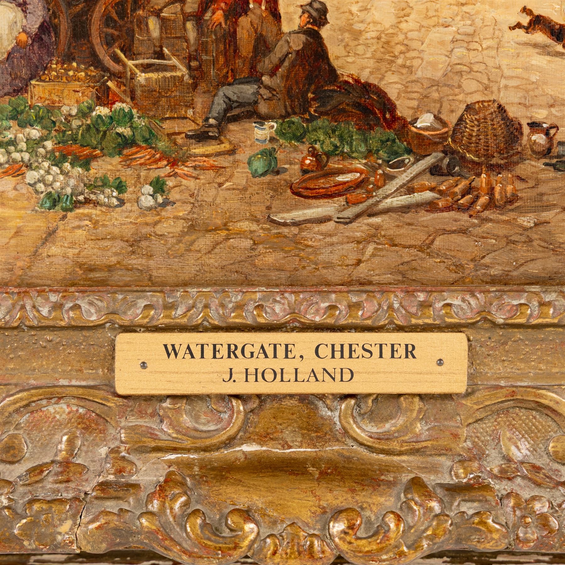 John Holland Snr. (British c1830-1886): 'Watergate - Chester', oil on canvas signed, titled on plaque 43cm x 67cm 
Notes: Likely painted c1870-1872, indicated by a sandwich-board man advertising a 'Panorama of the war between France and Prussia' - a popular form of traveling entertainment in Victorian Britain.