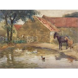 John Atkinson (Staithes Group 1863-1924): Horse and Foal by the Duck Pond, watercolour signed and dated '07, 23cm x 30cm