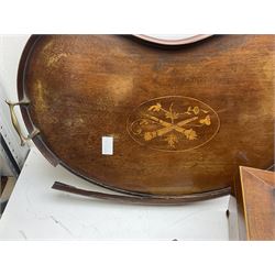 Three 19th century wooden boxes, to include a sewing box of sarcophagus form upon compressed bun feet, plus a mahogany twin handled kidney shaped tray, in one box