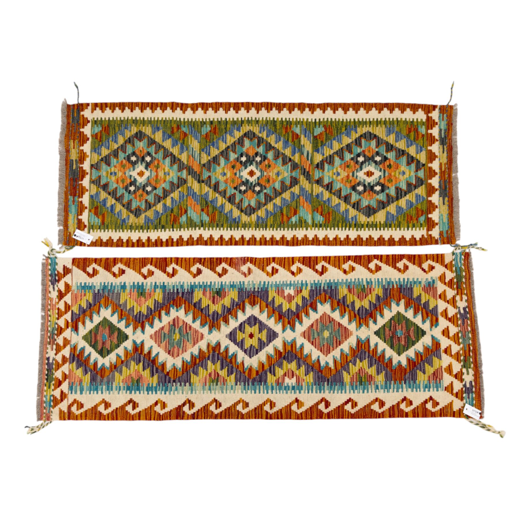 Two Chobi flatweave kilim runners with a repeating stepped diamond medallion design in live green, rust, teal, purple, and ivory, framed by chevron and geometric borders, (2)