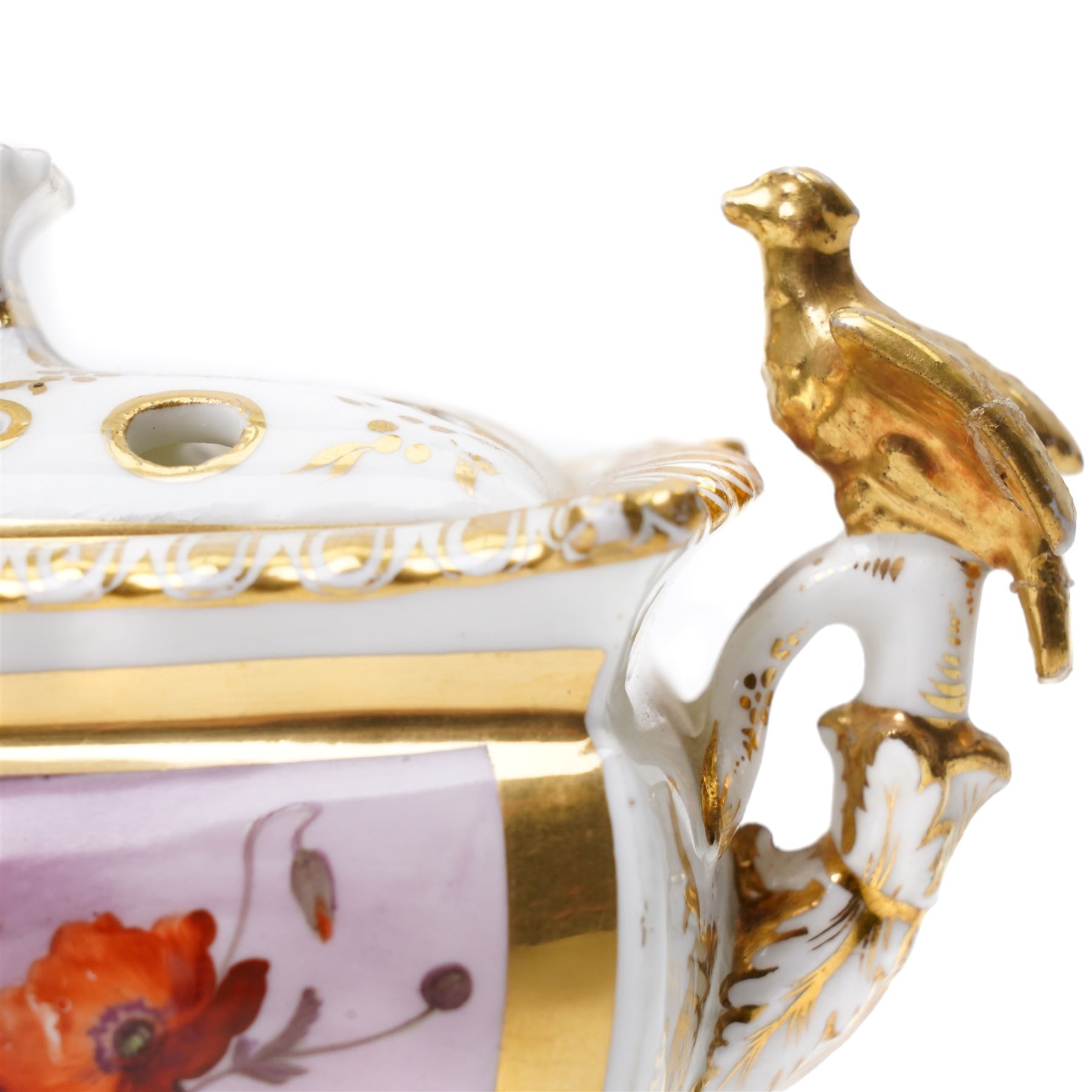Early 19th century bough pot, hand-painted to each side with birds, modelled with bird lift and two birds perched on handles in gilt, unmarked but in the manner of Coalport, W19cm