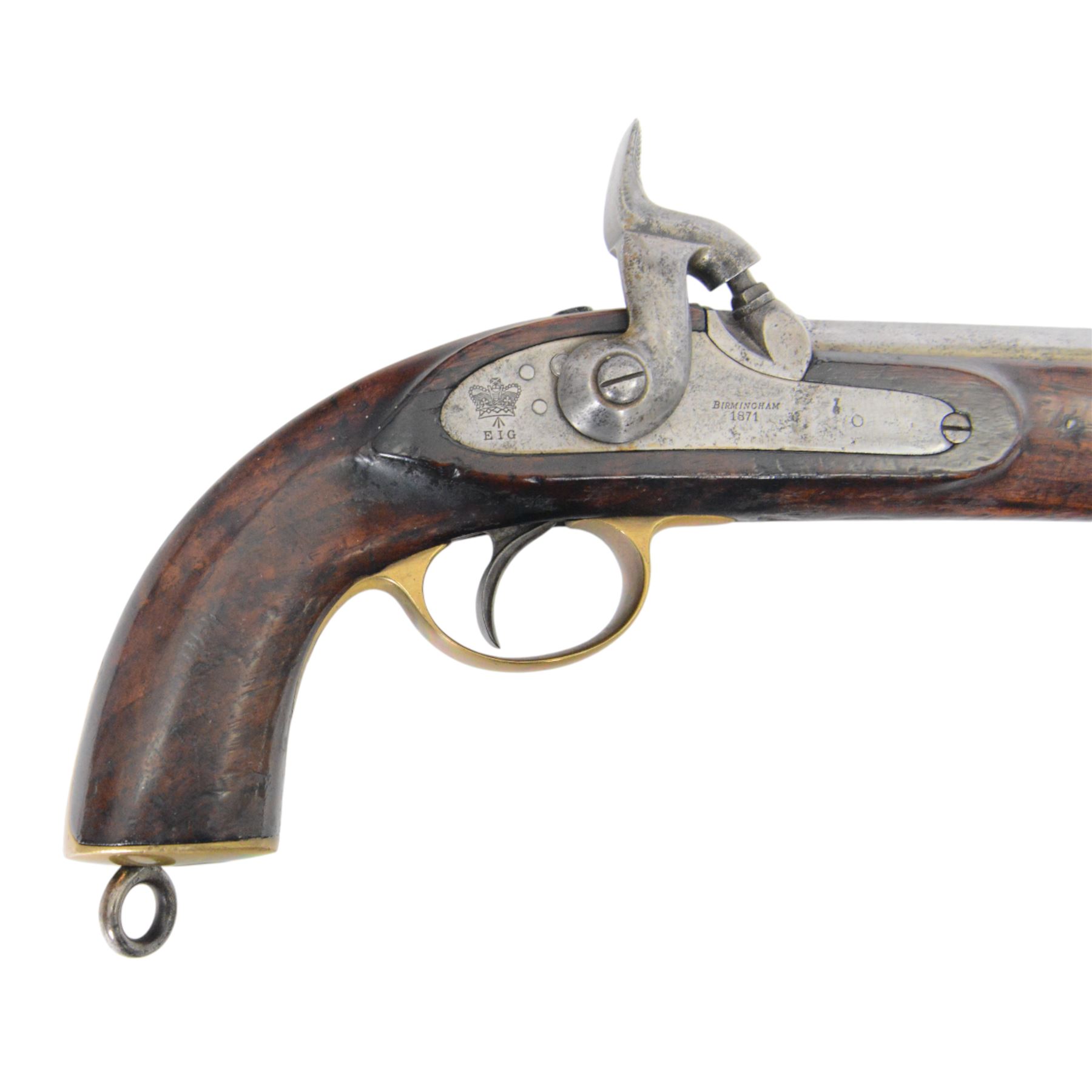 Cavalry Pistol, East India Government, 1871, with 8in smoothbore barrel, lock marked 'E.I.G.' and 'BIRMINGHAM 1871', crown and broad arrow device at tail, walnut full-stock with brass furniture, the left side marked 'JOSEPH SMITH' and stamped with a 'BIRMINGHAM E.I.G.' roundel, fixed lanyard ring at heel and iron ramrod, overall L35cm