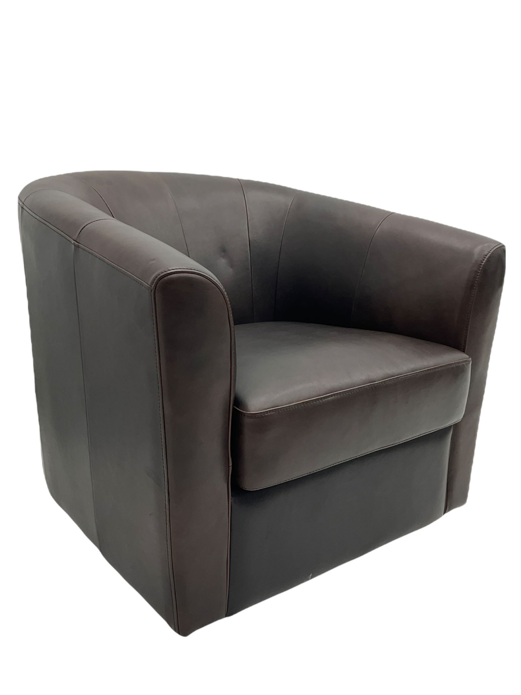 Laura Ashley - tub shaped swivel armchair, upholstered in dark brown leather 