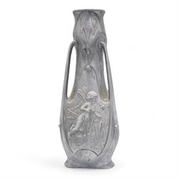 Jean Garnier (French 1853-1910): Pair of Art Nouveau cast metal vases, possibly spelter, of three handled form, cast in relief with panels of fairies, signed J. Garnier, H38cm 