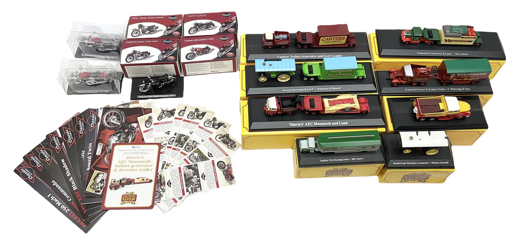 Atlas Editions - eight 'The Greatest Show on Earth' vehicles; all boxed; and seven Classic Motorcycles; four boxed, two in inner packaging and one unboxed; together with associated paperwork