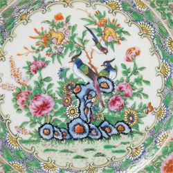 Pair of Canton Famille Rose Medallion plates decorated with exotic birds and plants, with fluted rim, D25cm
