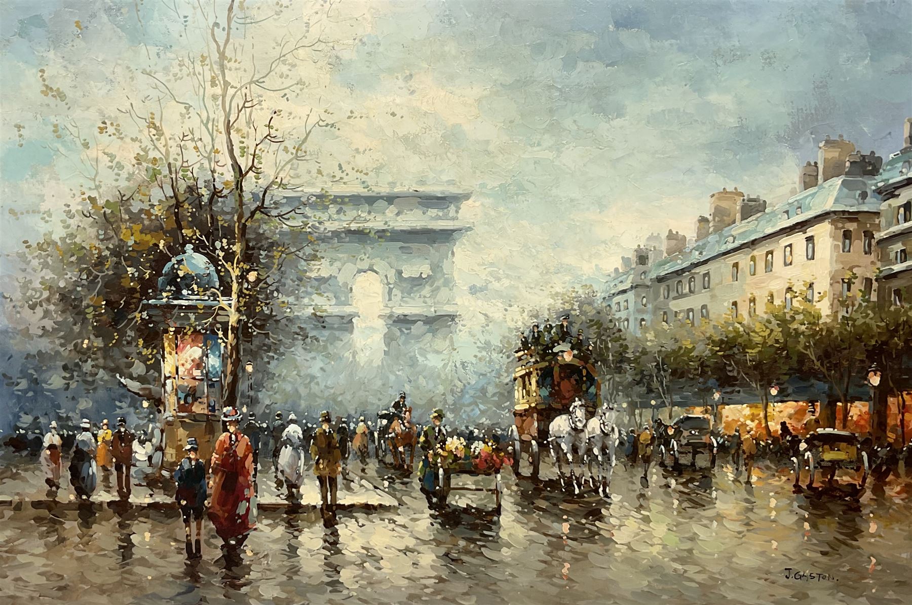 Johnny Gaston (British 1955-): Parisian Street Scene, oil on canvas signed 59cm x 90cm