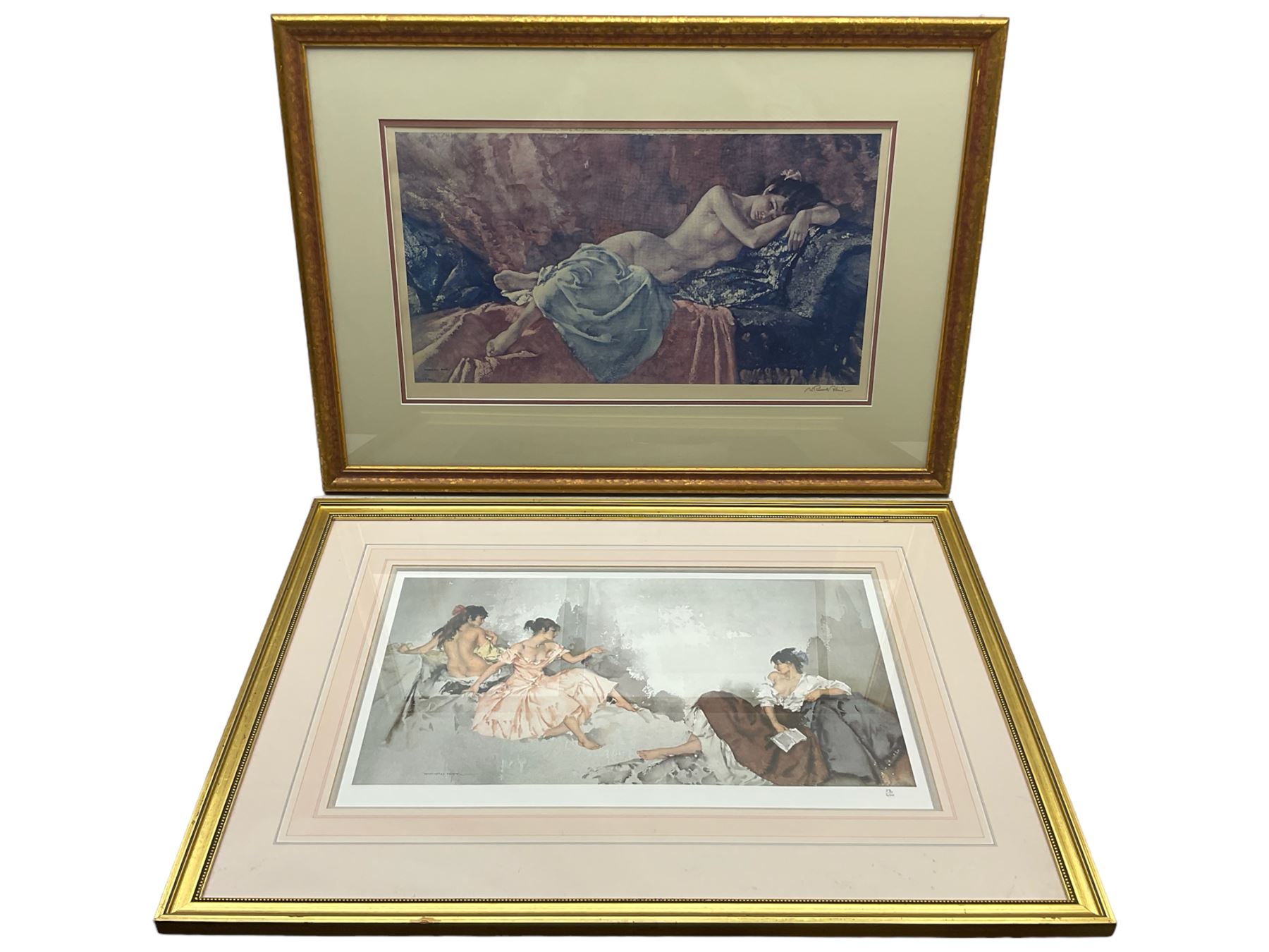 Sir William Russell Flint (Scottish 1880-1969): 'Reclining Nude II', limited edition print signed in pencil pub. Frost & Reed 1967, 34cm x 60cm; 'Three Girls', limited edition print numbered 276/850 in pencil 35cm x 58cm; 'The Francis and Jane at Birdham', limited edition print numbered 600/1000 in pencil 34cm x 50cm (3)