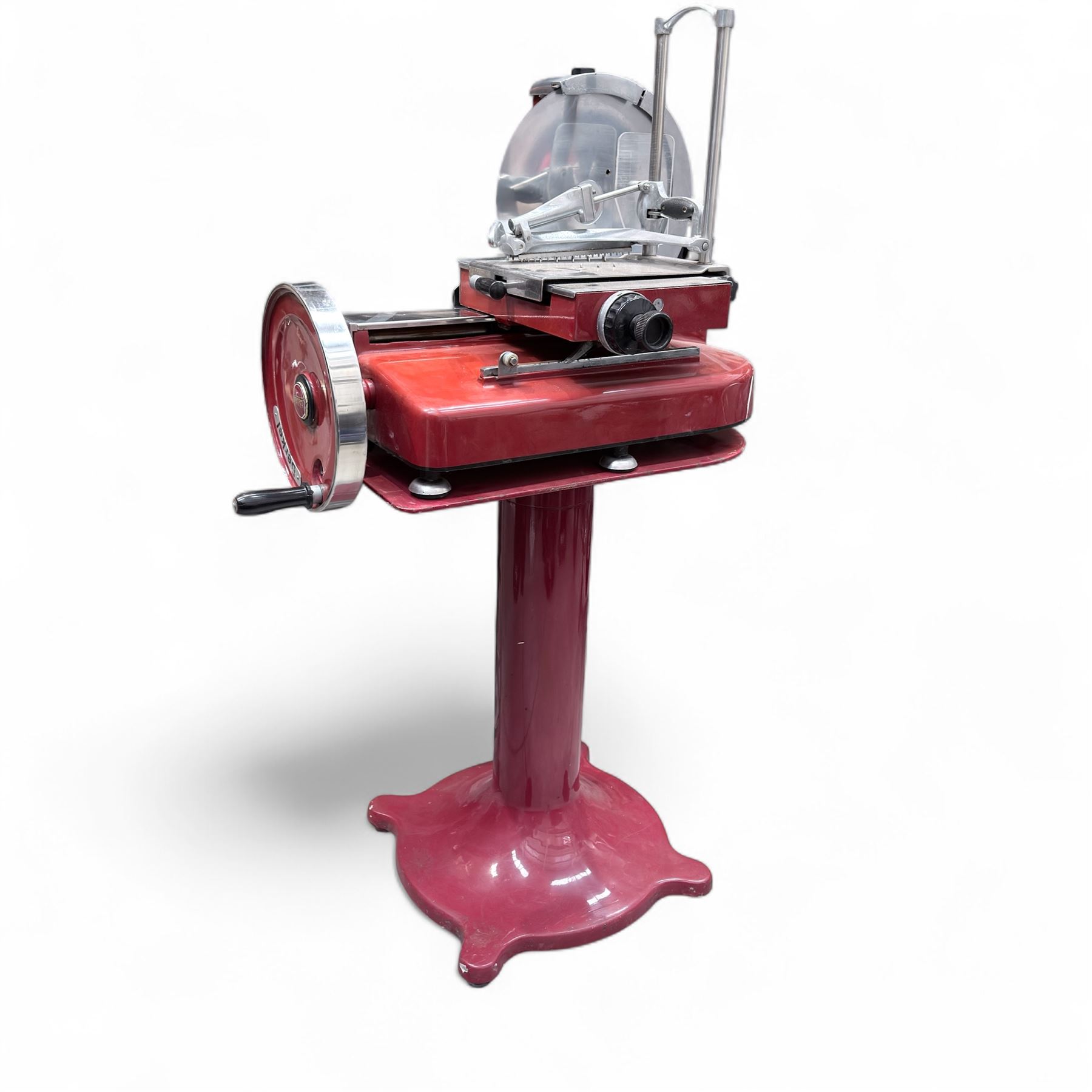 Vintage Berkel 115 NEV meat slicer on pedestal, red finish