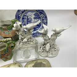 Royal Crown Derby Brocade pattern jug and sugar bowl, together with a similar gilt floral pattern bowl, three graduating Staffordshire style pearlware cottage jugs, Leeds Pottery model cottage and other ceramics and glassware, etc