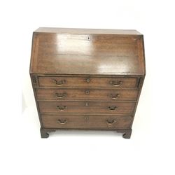 Georgian oak bureau, single fall front enclosing fitted interior above four graduating drawers, shaped bracket supports
