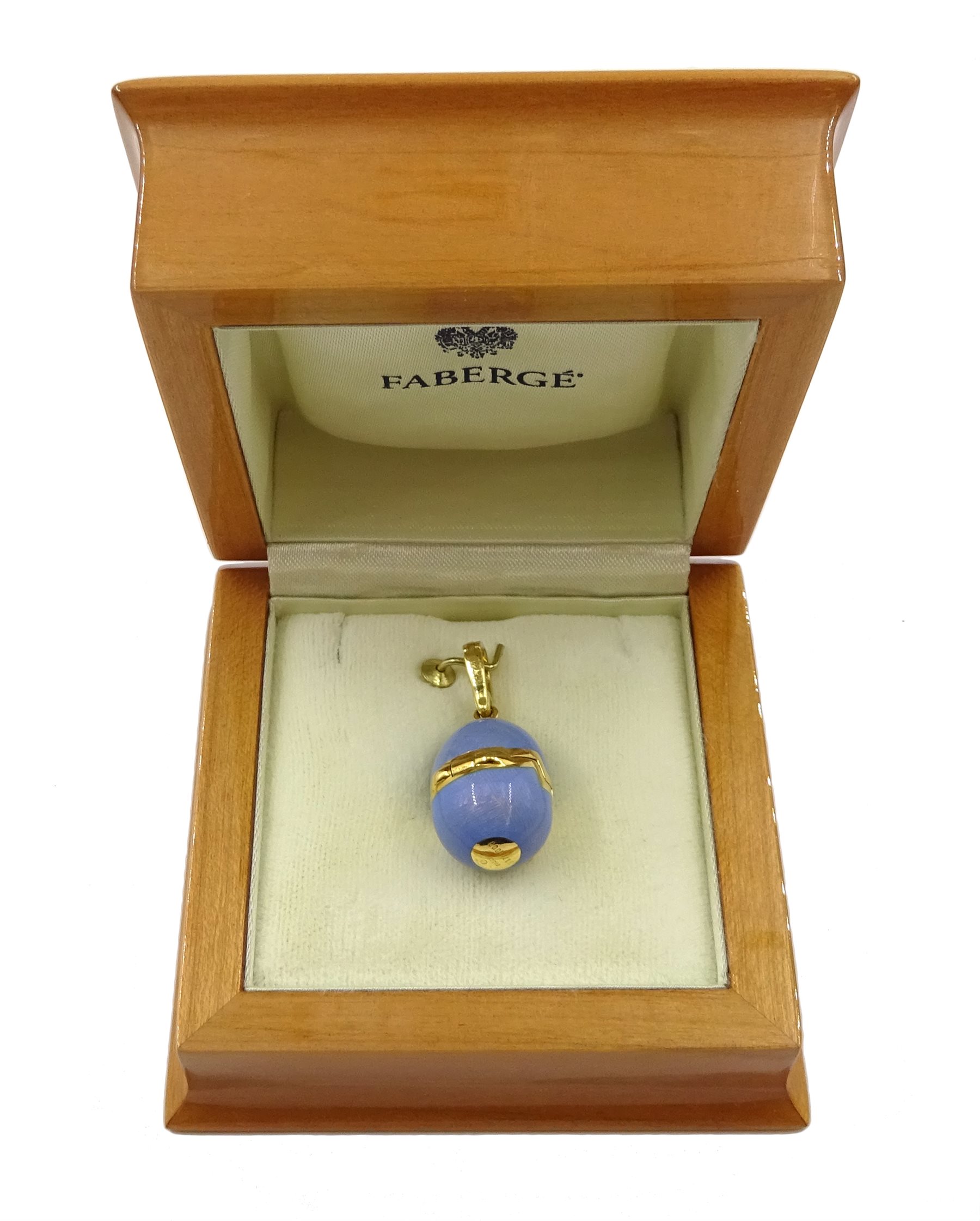 Victor Mayer for Faberge 18ct gold and blue guilloche enamel pendant, hinged lid revealing chick within, limited edition No.617/1000 reference No. F-1817 OB, stamped 750, boxed with certificate of authenticity 

[image code: 6mc]