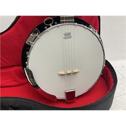 Rally five-string banjo with mahogany solid back L101cm in soft carrying case; and Brunswick Model BF200 acoustic guitar L103cm; with small quantity of instructional DVDs and booklets